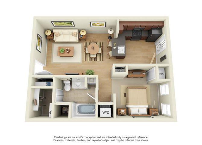 Floor plan for 1 bed, 1 bath, 650 sqft