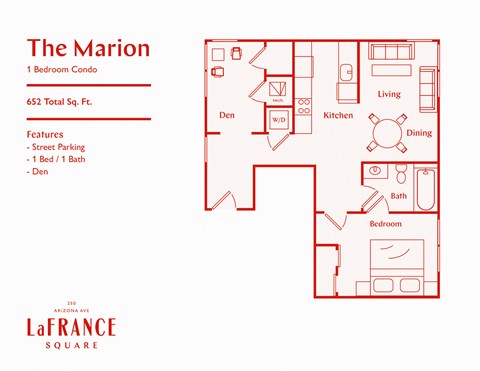 Floor plan for 1 bed, 1 bath, 672 sqft