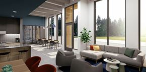 Portland apartment for rent - a rendering of a living room with a kitchen and dining area