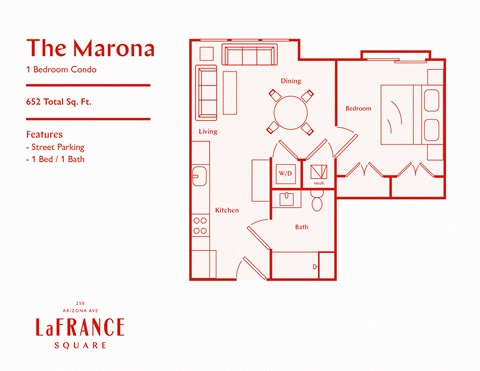 Floor plan for 1 bed, 1 bath, 594 sqft