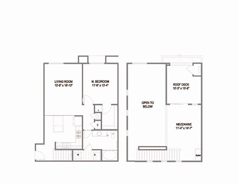 Floor plan for 1 bed, 1 bath, 1036 sqft