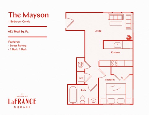 Floor plan for 1 bed, 1 bath, 715 sqft