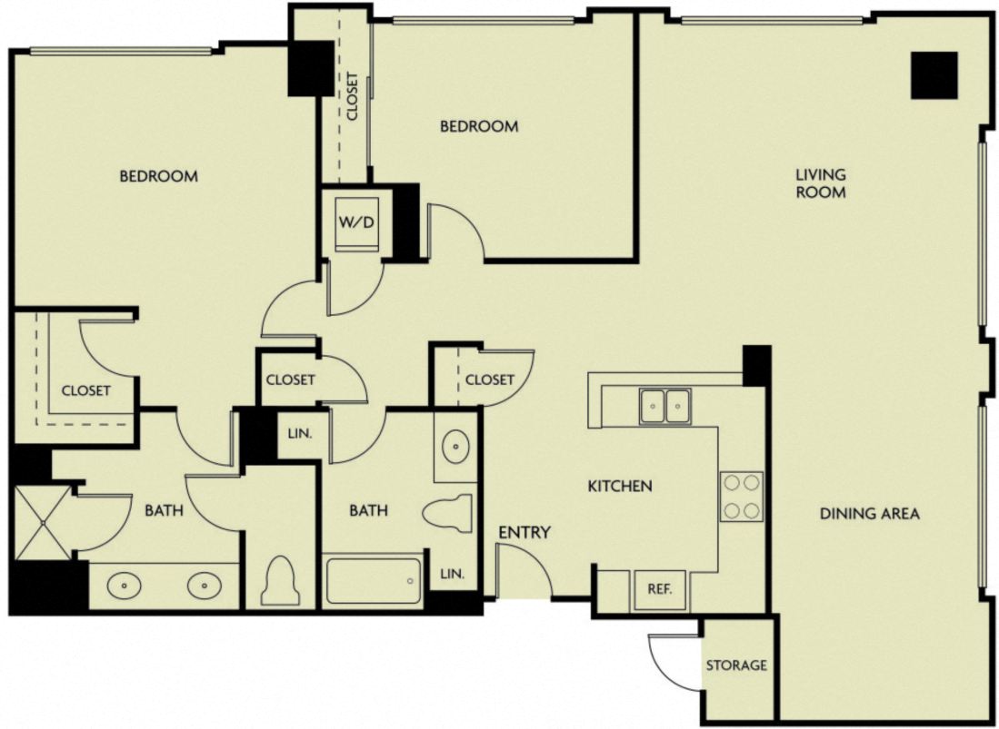 Floor plan for 2 beds, 2 baths, 1271 sqft