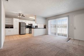 Gilroy apartment for rent - Dog-Friendly Apartments in Gilroy, CA - Mission Park - Open-Concept Living Room with Carpeted Flooring, Floor-to-Ceiling Windows with Vertical Blinds, and View of Kitchen.