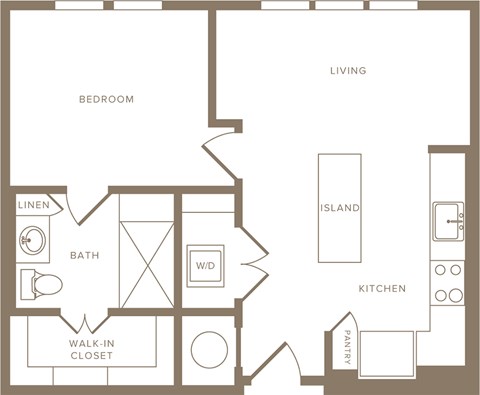 Floor plan for 1 bed, 1 bath, 577 sqft