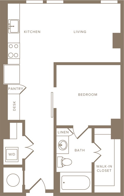 Floor plan for 1 bed, 1 bath, 610 sqft