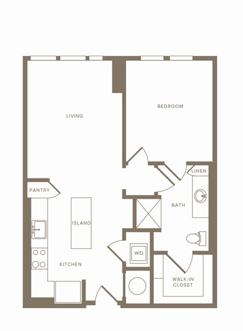 Floor plan for 1 bed, 1 bath, 658 sqft