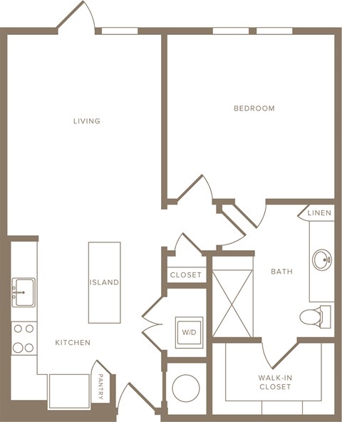 Floor plan for 1 bed, 1 bath, 748 sqft