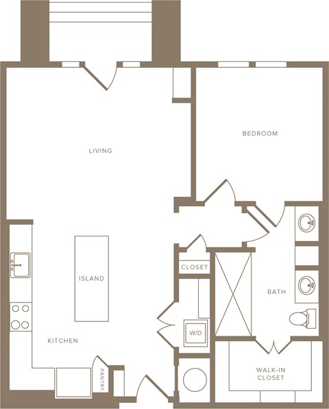 Floor plan for 1 bed, 1 bath, 845 sqft