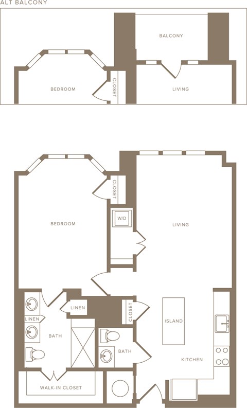 Floor plan for 1 bed, 1.5 baths, 881 sqft