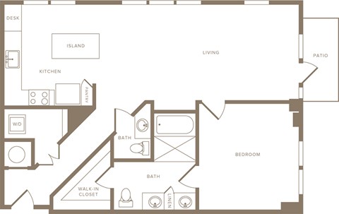 Floor plan for 1 bed, 1.5 baths, 968 sqft