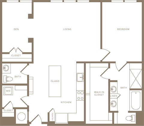 Floor plan for 1 bed, 1.5 baths, 1170 sqft