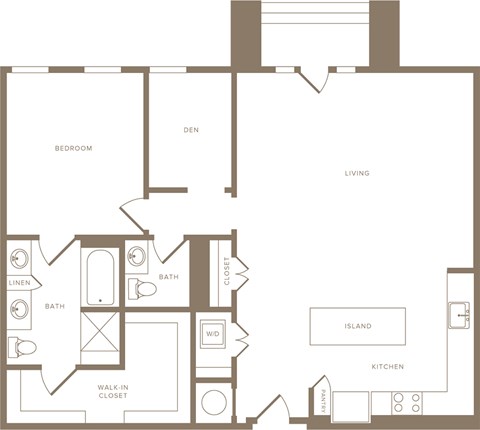 Floor plan for 1 bed, 1.5 baths, 1184 sqft