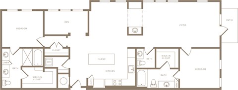 Floor plan for 2 beds, 2.5 baths, 1589 sqft