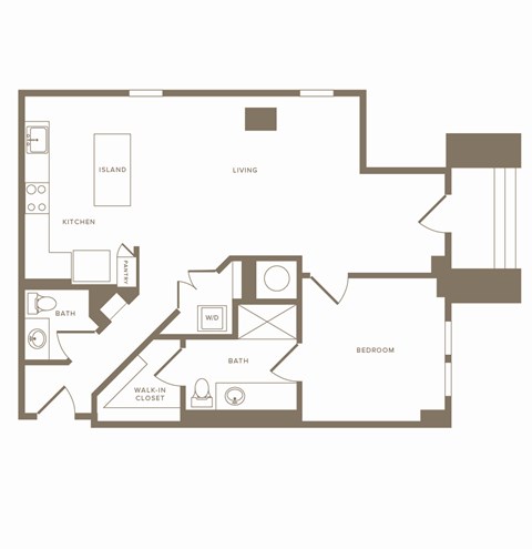 Floor plan for 1 bed, 1.5 baths, 947 sqft