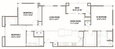 Floor plan for 3 beds, 2 baths, 1334 sqft