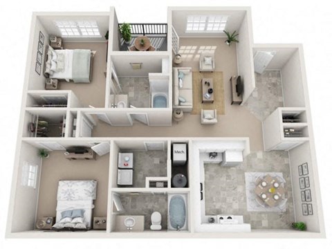 Floor plan for 2 beds, 2 baths, 1156 sqft