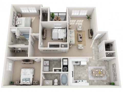 Floor plan for 3 beds, 2 baths, 1329 sqft