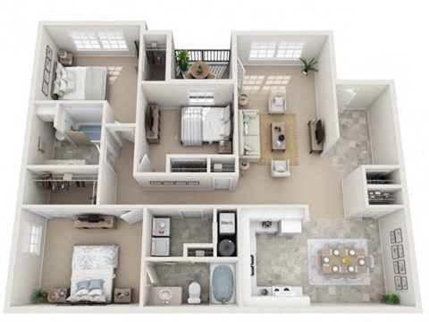 Floor plan for 3 beds, 2 baths, 1365 sqft