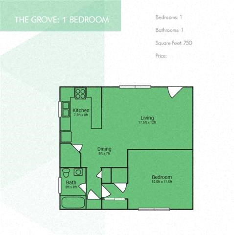 Floor plan for 1 bed, 1 bath, 750 sqft