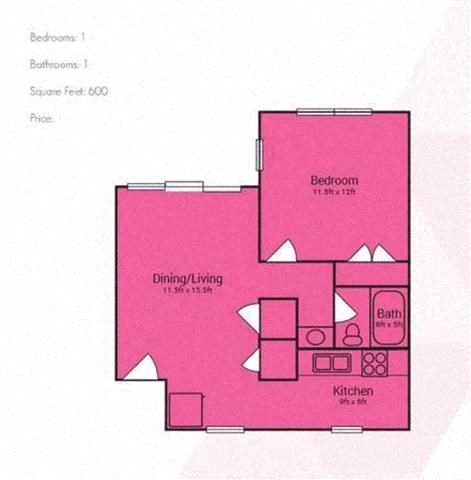 Floor plan for 1 bed, 1 bath, 600 sqft