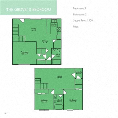 Floor plan for 3 beds, 2 baths, 1500 sqft