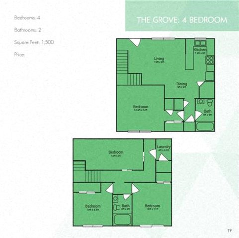 Floor plan for 3 beds, 2 baths, 1500 sqft