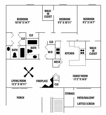 Floor plan for 3 beds, 2 baths, 1369 sqft