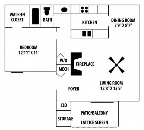 Floor plan for 1 bed, 1 bath, 801 sqft