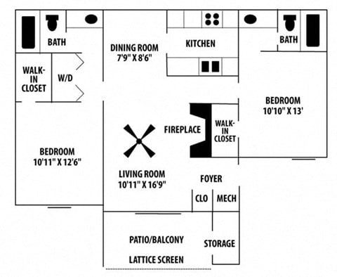 Floor plan for 2 beds, 2 baths, 987 sqft