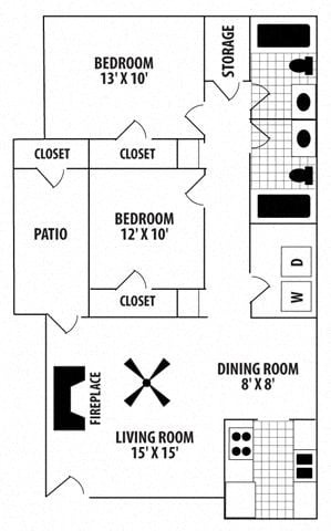 Floor plan for 2 beds, 2 baths, 941 sqft