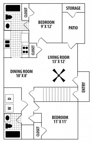 Floor plan for 2 beds, 2 baths, 1010 sqft