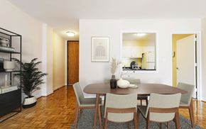 Washington apartment for rent - A dining room with a wooden table and chairs.