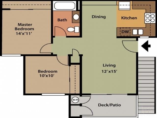 Floor plan for 2 beds, 1 bath, 729 sqft