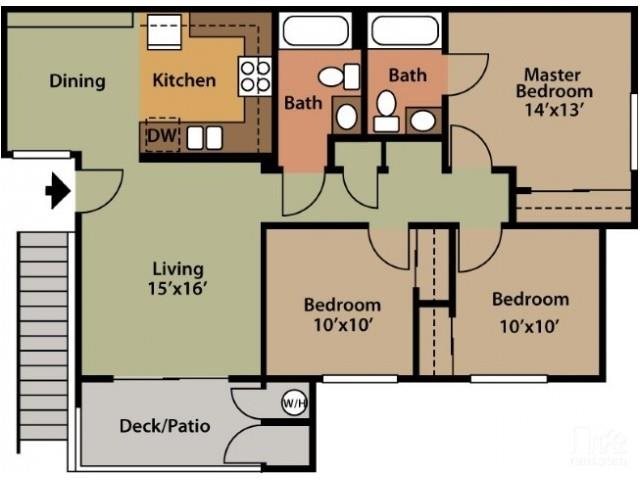 Floor plan for 3 beds, 2 baths, 1000 sqft