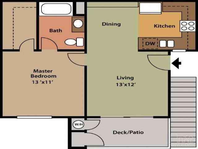 Floor plan for 1 bed, 1 bath, 598 sqft