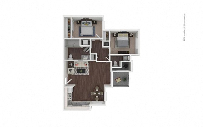 Floor plan for 2 beds, 1.5 baths, 802 sqft