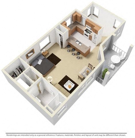 Floor plan for studio, 1 bath, 845 sqft
