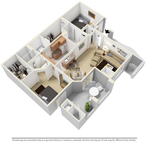 Floor plan for 2 beds, 2 baths, 1040 sqft