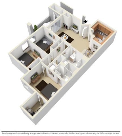 Floor plan for 3 beds, 2 baths, 1262 sqft