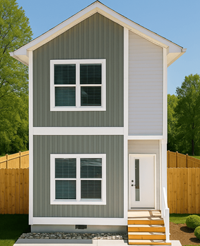 Asheville apartment for rent - Exterior view of a modern two-story townhouse with vertical gray siding and a white front door.