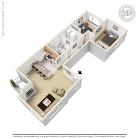 Floor plan for 2 beds, 1 bath, 984 sqft
