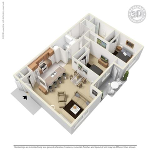 Floor plan for 2 beds, 2 baths, 1015 sqft