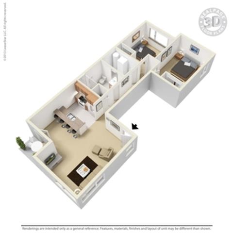 Floor plan for 2 beds, 1 bath, 960 sqft