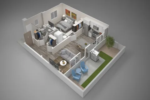 Floor plan for 1 bed, 1 bath, 647 sqft