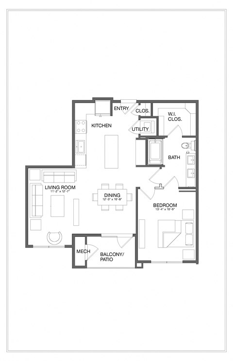 Floor plan for 1 bed, 1 bath, 882 sqft
