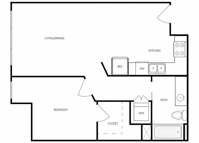Floor plan for 1 bed, 1 bath, 657 sqft