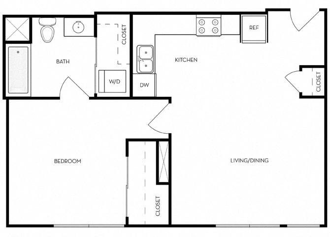 Floor plan for 1 bed, 1 bath, 698 sqft