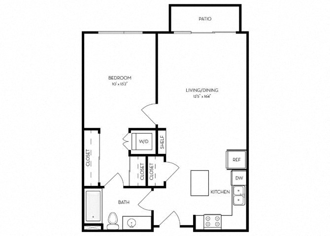 Floor plan for 1 bed, 1 bath, 725 sqft