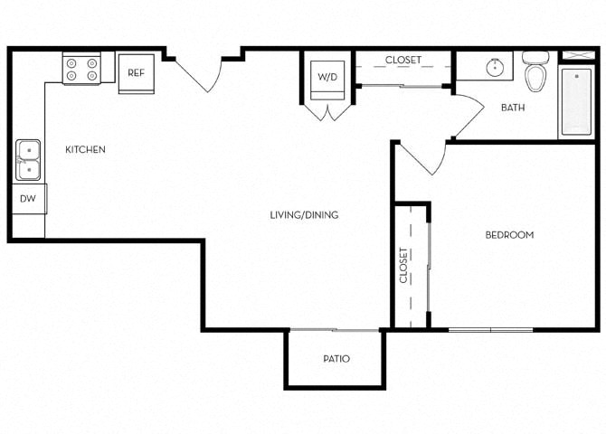 Floor plan for 1 bed, 1 bath, 709 sqft
